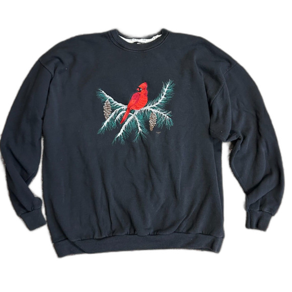 Vintage Santee Womens Black Red Painted Cardinal Winter Christmas Sweatshirt XXL - Picture 2 of 11